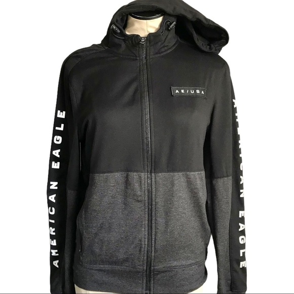 𝅺AMERICAN Eagle USA Black Grey Color Block Hooded Jacket Zip Up Pockets Y2K XS - Picture 4 of 11